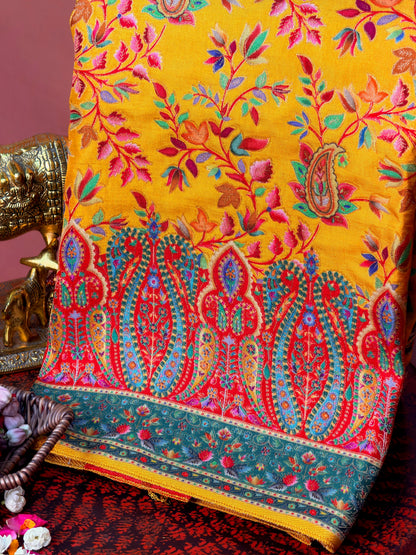 UTSAV BANARAS 478C: Mustard Yellow Butter Silk Saree with Royal Paisley Position Print &amp; Contrast Blouse