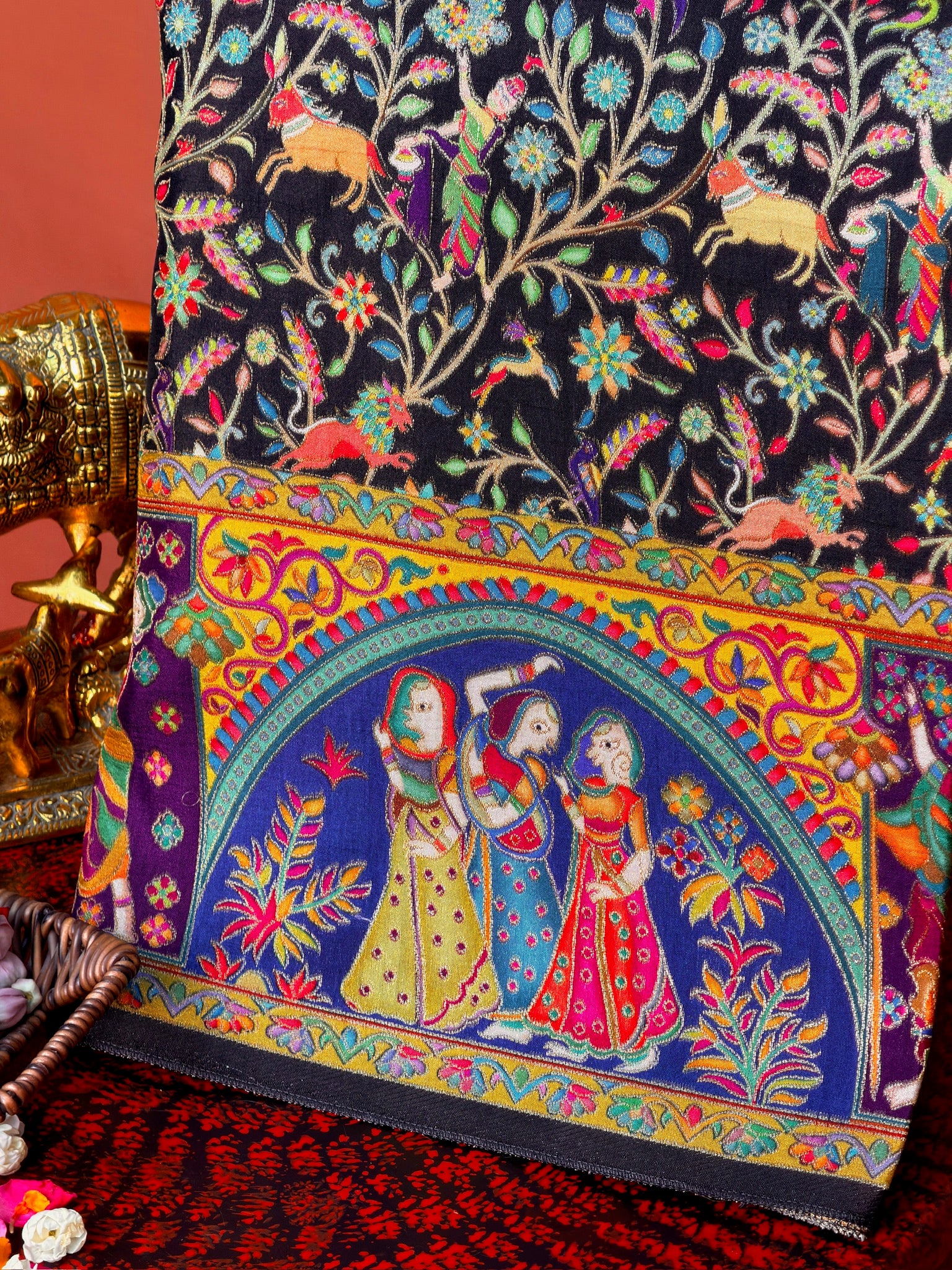 UTSAV BANARAS 479G: Jade Black Butter Silk Saree with Kalamkari Position Print &amp; Contrast Blouse