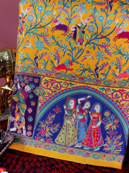 UTSAV BANARAS 479C: Bright yellow Butter Silk Saree with Kalamkari Position Print &amp; Contrast Blouse