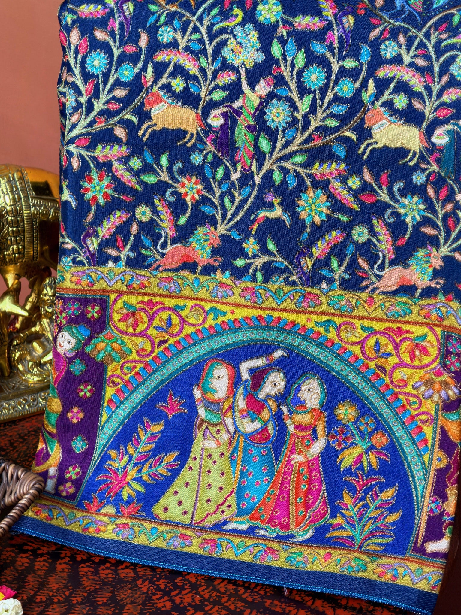 UTSAV BANARAS 479H: Cobalt Blue Butter Silk Saree with Kalamkari Position Print &amp; Contrast Blouse