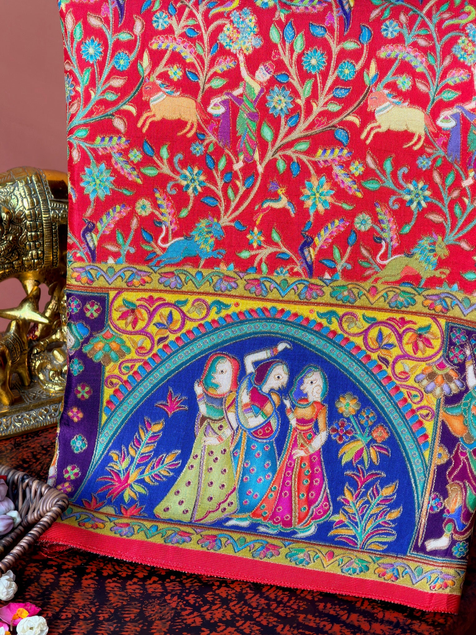 UTSAV BANARAS 479F: Classic Red Butter Silk Saree with Kalamkari Position Print &amp; Contrast Blouse