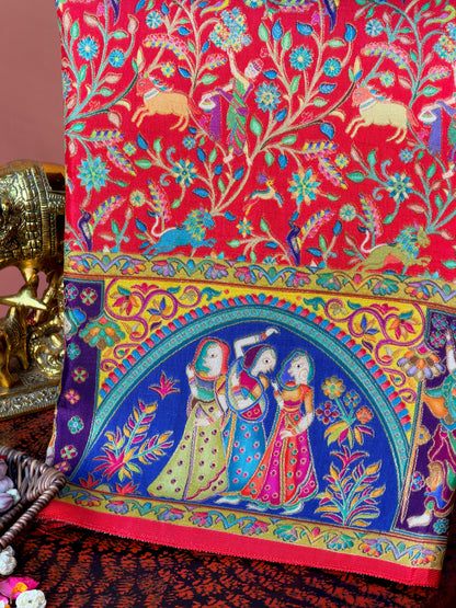 UTSAV BANARAS 479F: Classic Red Butter Silk Saree with Kalamkari Position Print &amp; Contrast Blouse