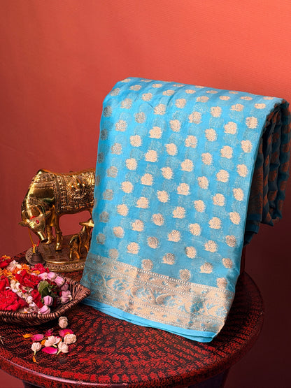 UTSAV Banaras 423: Sky Blue Premium Mashru Silk Saree with Khaddi buti &amp; Traditional Banarasi Border