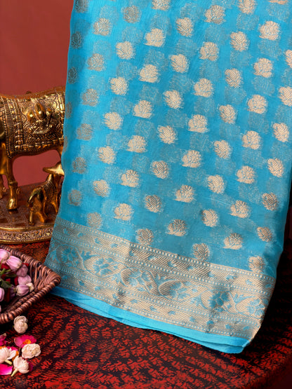 UTSAV Banaras 423: Sky Blue Premium Mashru Silk Saree with Khaddi buti &amp; Traditional Banarasi Border