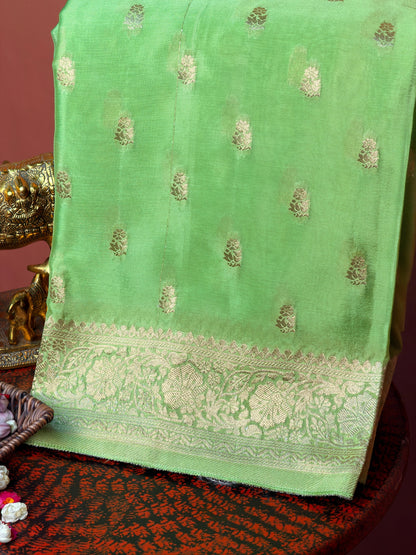 UTSAV Banaras 426: Pista Green Premium Mashru Silk Saree with Khaddi buti &amp; Traditional Banarasi Border