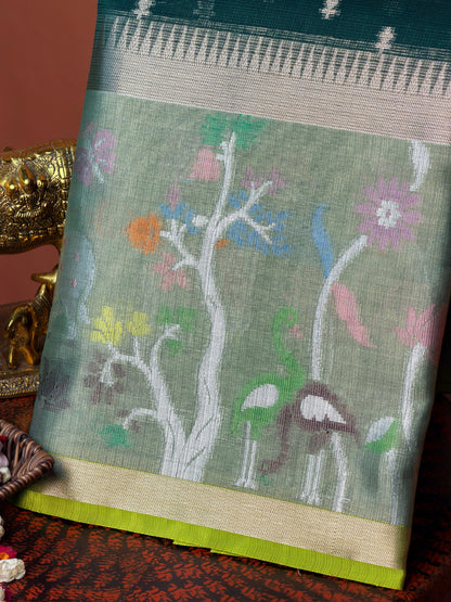 UTSAV BANARAS 472: Deep Green Kota Checks Saree with Artistic Skirt Border &amp; Contrast Lime Green Blouse