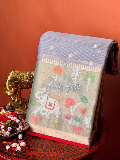 UTSAV BANARAS 469: Pastel Silver Kota Checks Saree with Skirt Border &amp; Contrast Red Blouse