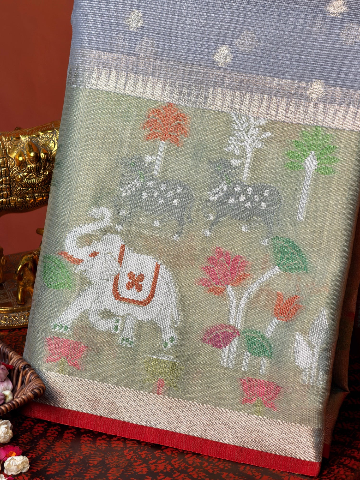 UTSAV BANARAS 469: Pastel Silver Kota Checks Saree with Skirt Border &amp; Contrast Red Blouse