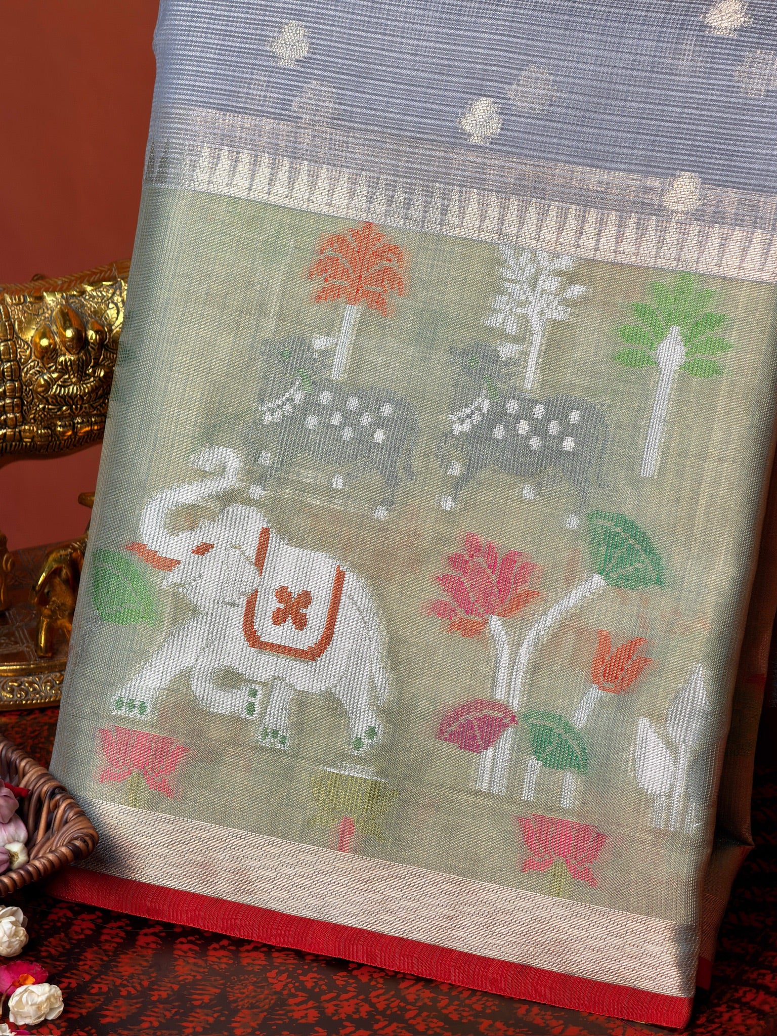 UTSAV BANARAS 469: Pastel Silver Kota Checks Saree with Skirt Border &amp; Contrast Red Blouse
