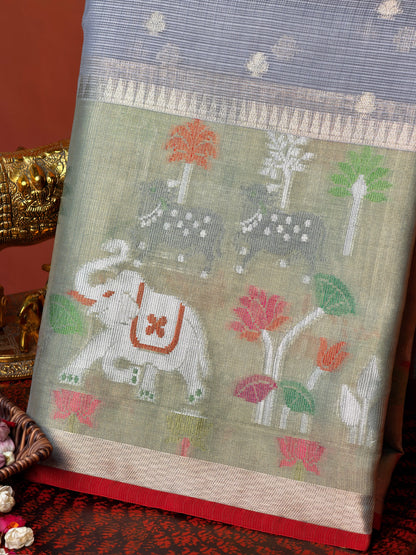 UTSAV BANARAS 469: Pastel Silver Kota Checks Saree with Skirt Border &amp; Contrast Red Blouse