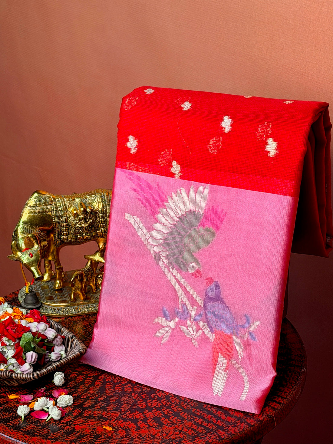 UTSAV BANARAS 474: Crimson Red Kota Checks Saree with Artistic Skirt Border &amp; Contrast Light Pink Blouse