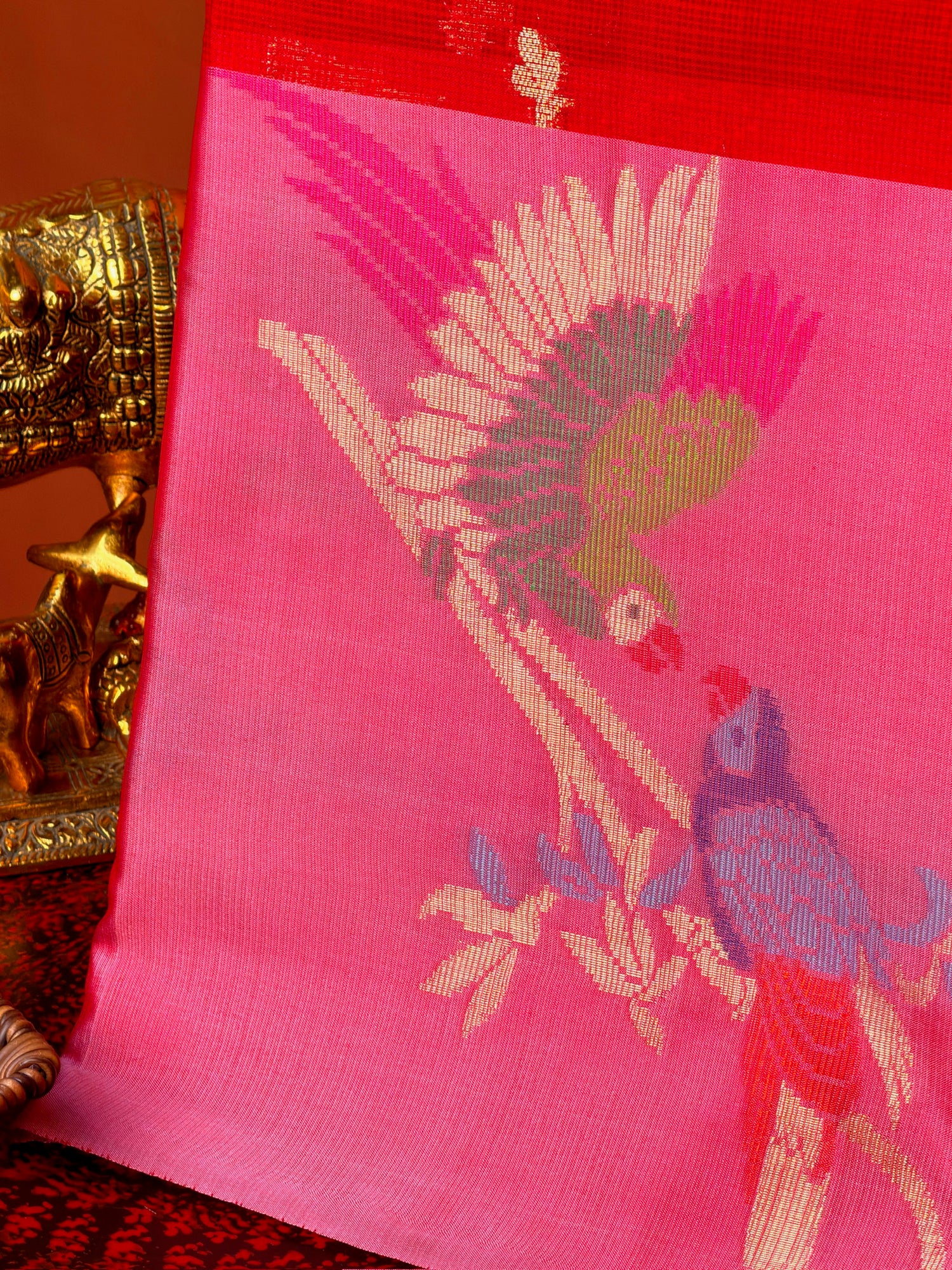 UTSAV BANARAS 474: Crimson Red Kota Checks Saree with Artistic Skirt Border &amp; Contrast Light Pink Blouse