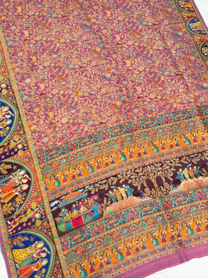 UTSAV BANARAS 479: Lilac Mauve Butter Silk Saree with Kalamkari Position Print &amp; Contrast Blouse