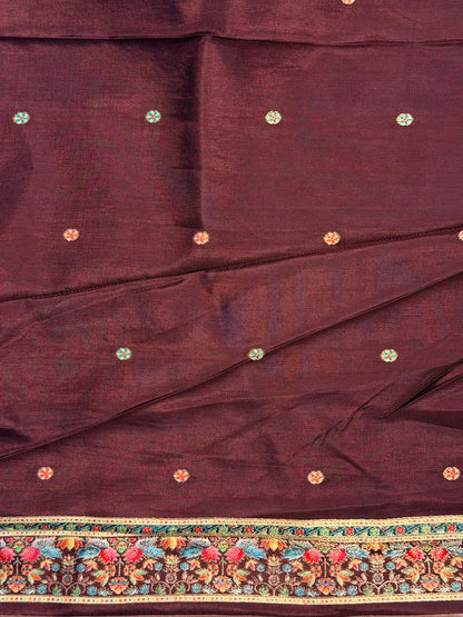 UTSAV BANARAS 478B: Dusty Grey Butter Silk Saree with Royal Paisley Position Print &amp; Contrast Blouse