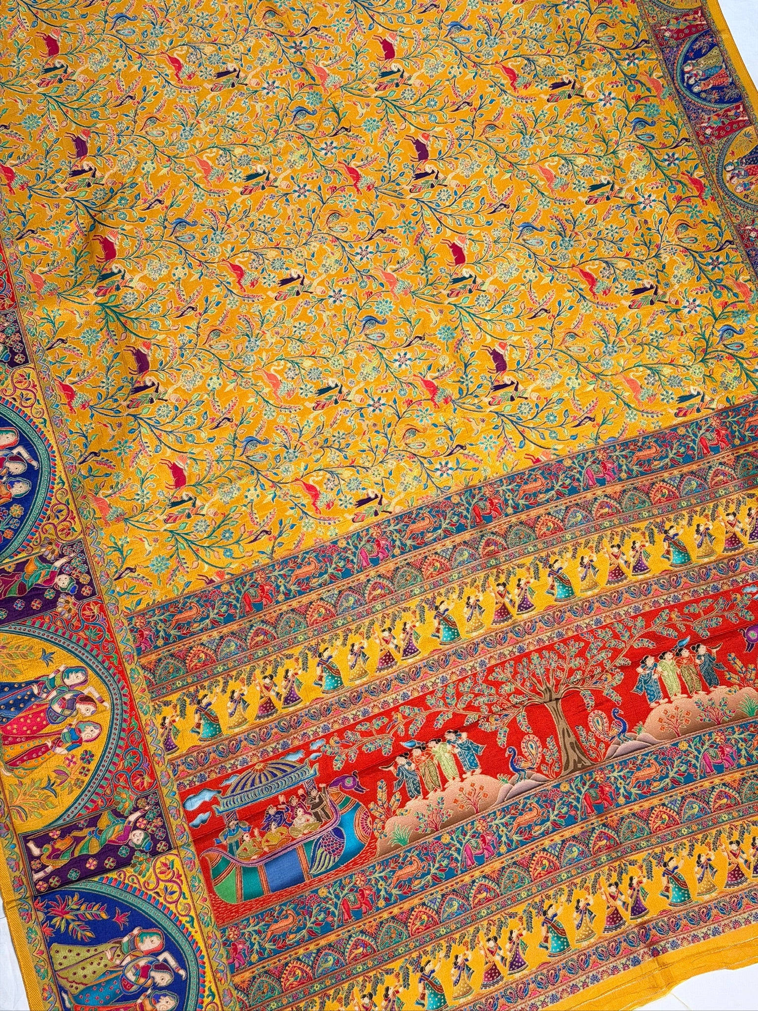 UTSAV BANARAS 479C: Bright yellow Butter Silk Saree with Kalamkari Position Print &amp; Contrast Blouse