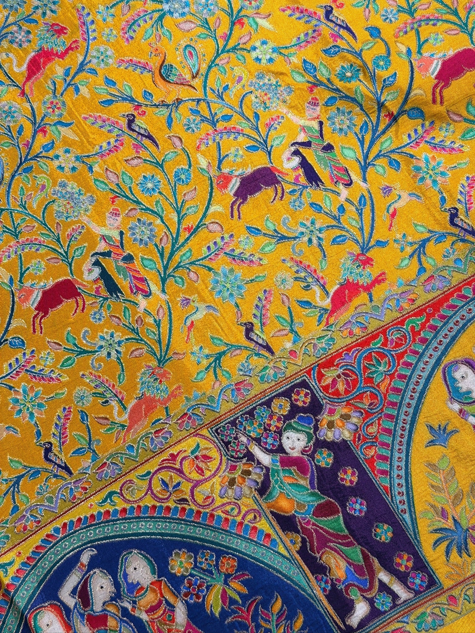 UTSAV BANARAS 479C: Bright yellow Butter Silk Saree with Kalamkari Position Print &amp; Contrast Blouse