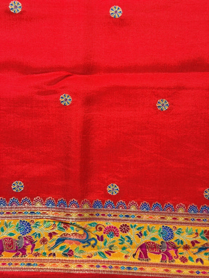 UTSAV BANARAS 479C: Bright yellow Butter Silk Saree with Kalamkari Position Print &amp; Contrast Blouse