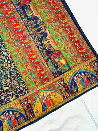 UTSAV BANARAS 479H: Cobalt Blue Butter Silk Saree with Kalamkari Position Print &amp; Contrast Blouse