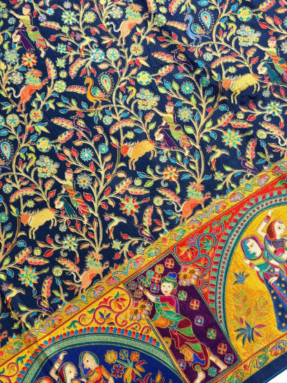 UTSAV BANARAS 479H: Cobalt Blue Butter Silk Saree with Kalamkari Position Print &amp; Contrast Blouse