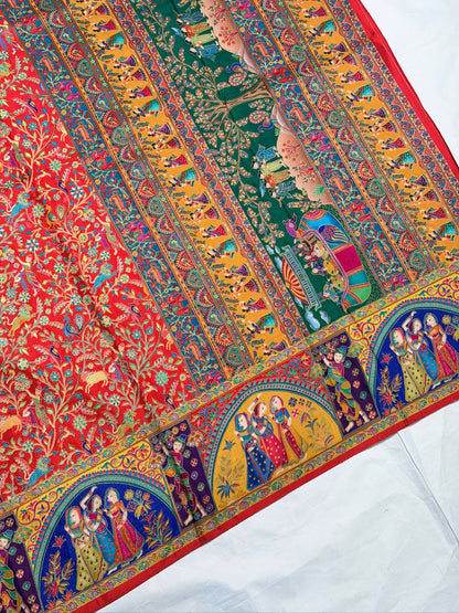UTSAV BANARAS 479F: Classic Red Butter Silk Saree with Kalamkari Position Print &amp; Contrast Blouse