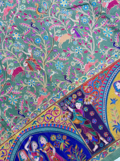 UTSAV BANARAS 479A: Light Green Butter Silk Saree with Kalamkari Position Print &amp; Contrast Blouse