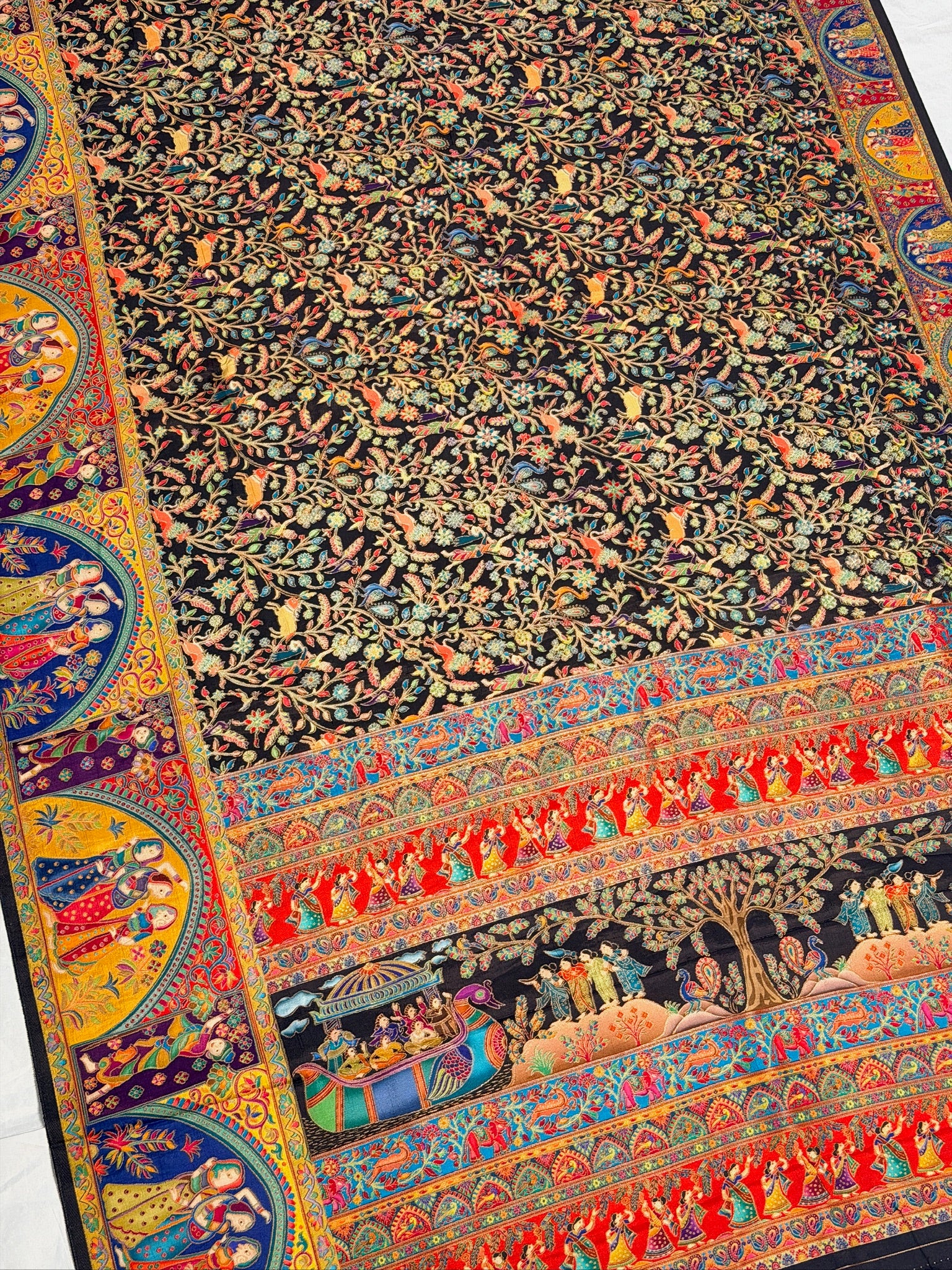 UTSAV BANARAS 479G: Jade Black Butter Silk Saree with Kalamkari Position Print &amp; Contrast Blouse