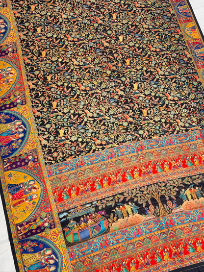 UTSAV BANARAS 479G: Jade Black Butter Silk Saree with Kalamkari Position Print &amp; Contrast Blouse