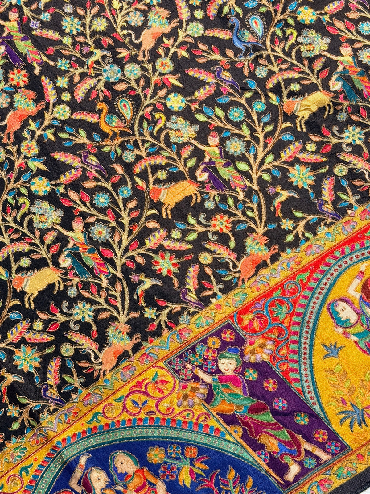UTSAV BANARAS 479G: Jade Black Butter Silk Saree with Kalamkari Position Print &amp; Contrast Blouse