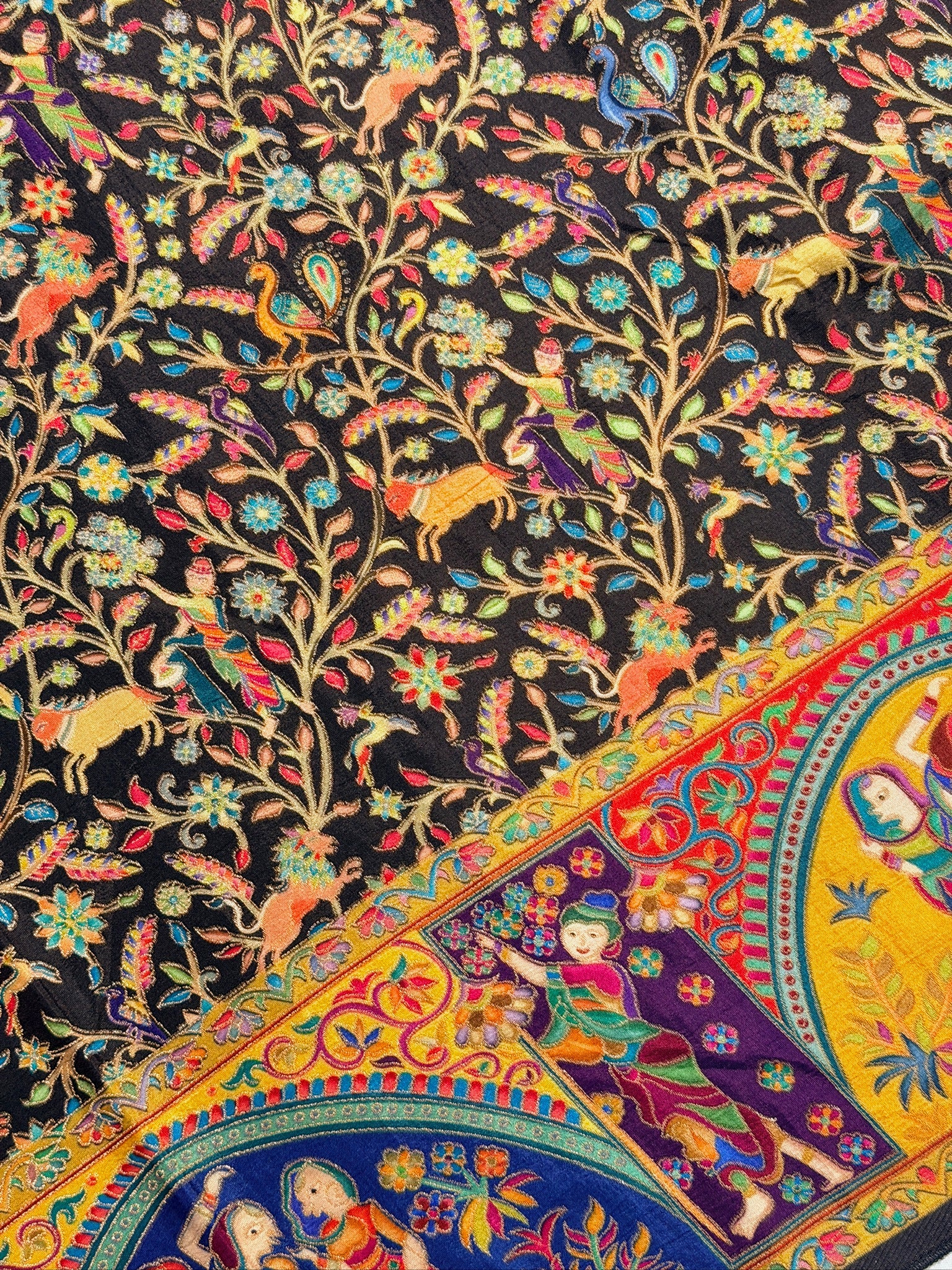 UTSAV BANARAS 479G: Jade Black Butter Silk Saree with Kalamkari Position Print &amp; Contrast Blouse