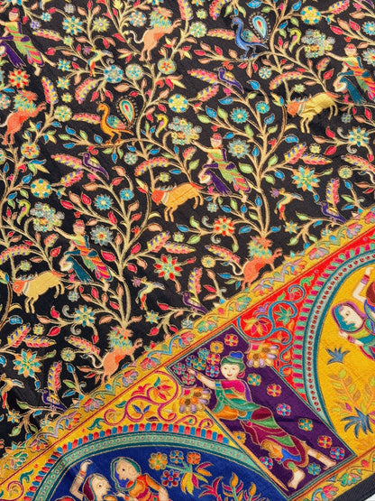 UTSAV BANARAS 479G: Jade Black Butter Silk Saree with Kalamkari Position Print &amp; Contrast Blouse