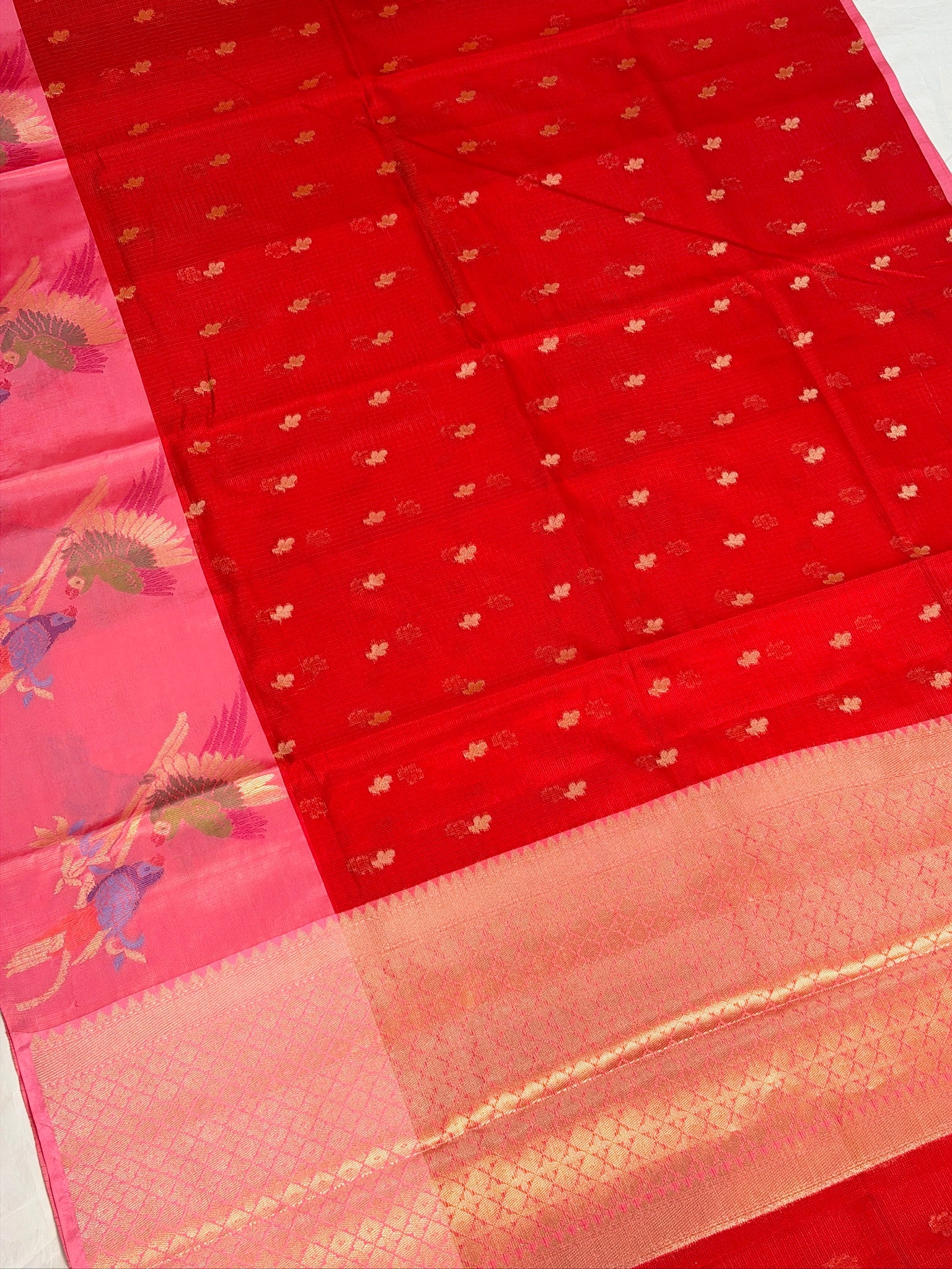 UTSAV BANARAS 474: Crimson Red Kota Checks Saree with Artistic Skirt Border &amp; Contrast Light Pink Blouse