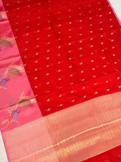 UTSAV BANARAS 474: Crimson Red Kota Checks Saree with Artistic Skirt Border &amp; Contrast Light Pink Blouse