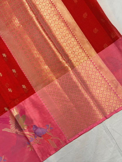 UTSAV BANARAS 474: Crimson Red Kota Checks Saree with Artistic Skirt Border &amp; Contrast Light Pink Blouse