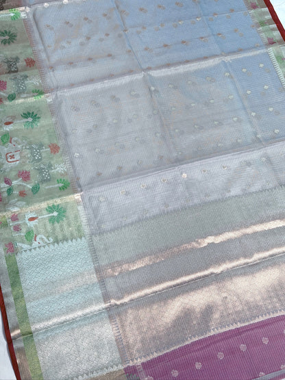 UTSAV BANARAS 469: Pastel Silver Kota Checks Saree with Skirt Border &amp; Contrast Red Blouse