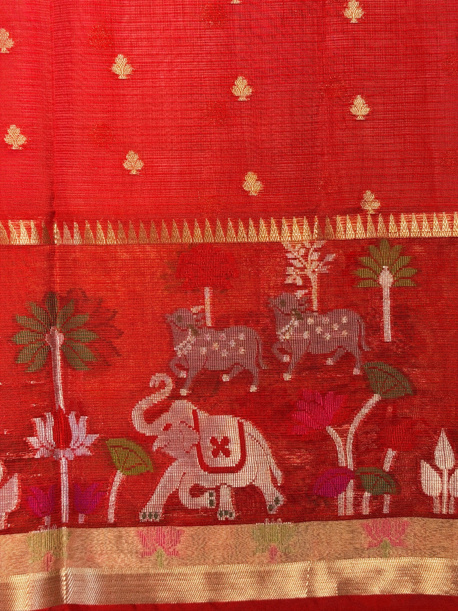 UTSAV BANARAS 469: Pastel Silver Kota Checks Saree with Skirt Border &amp; Contrast Red Blouse
