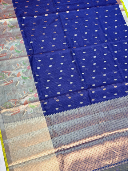 UTSAV BANARAS 471: Royal Blue Kota Checks Saree with Artistic Skirt Border &amp; Contrast Yellow Blouse