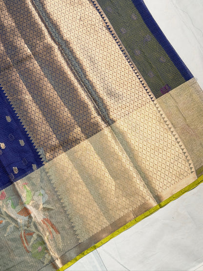 UTSAV BANARAS 471: Royal Blue Kota Checks Saree with Artistic Skirt Border &amp; Contrast Yellow Blouse