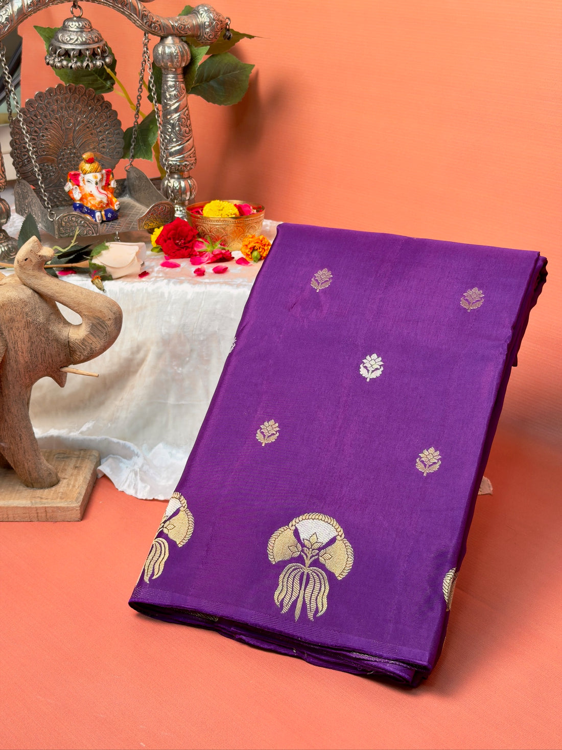 UTSAV BANARAS 432: Royal Purple Mulberry Silk Saree with Gold Zari Floral Butis &amp; Peacock Motifs