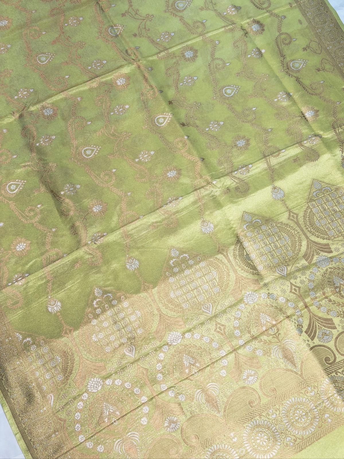 UTSAV BANARAS 428: Pastel Lime Green Tissue Silk Saree with Gold &amp; Silver Zari Floral Paisley Weaving