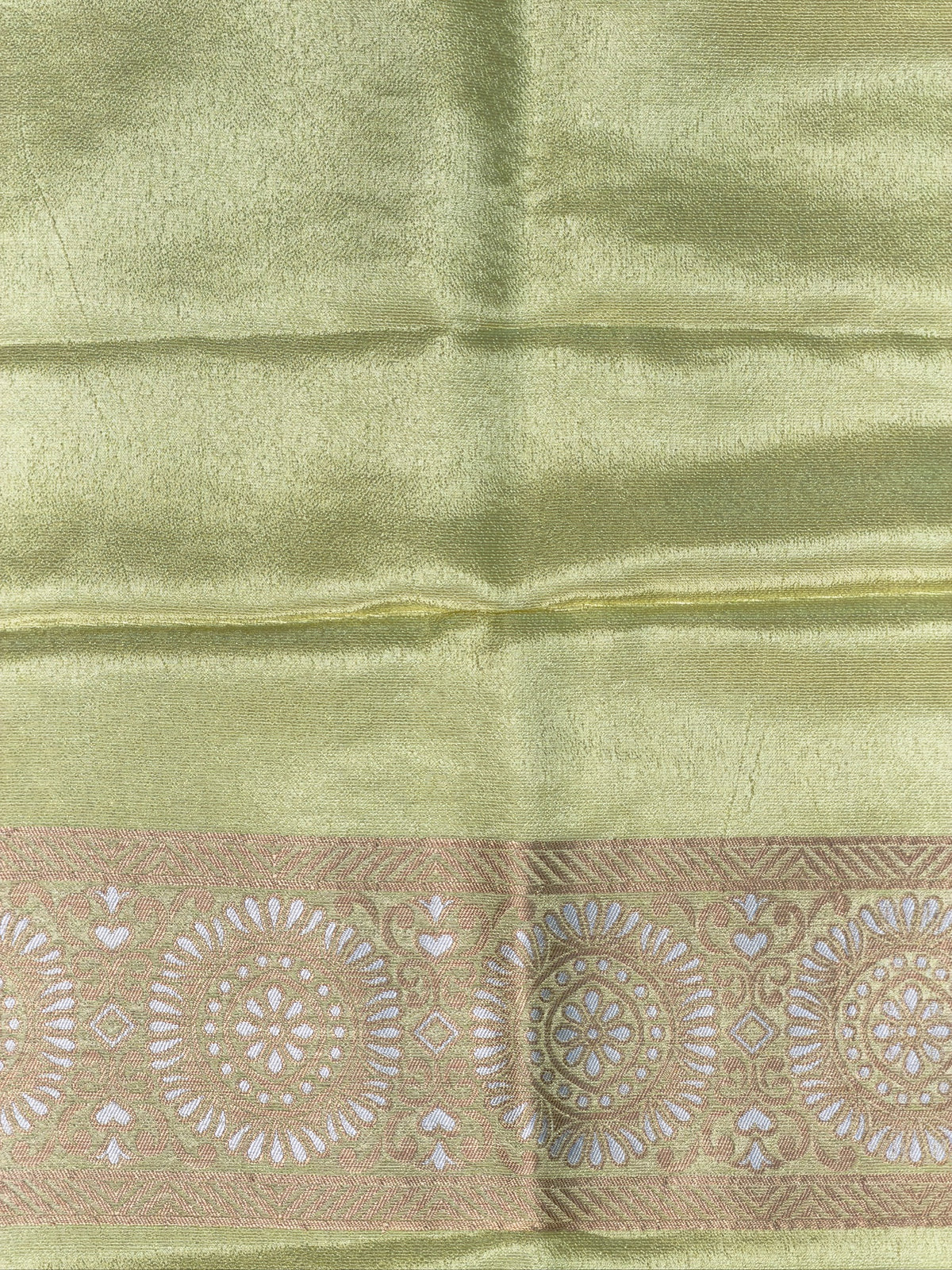 UTSAV BANARAS 428: Pastel Lime Green Tissue Silk Saree with Gold &amp; Silver Zari Floral Paisley Weaving