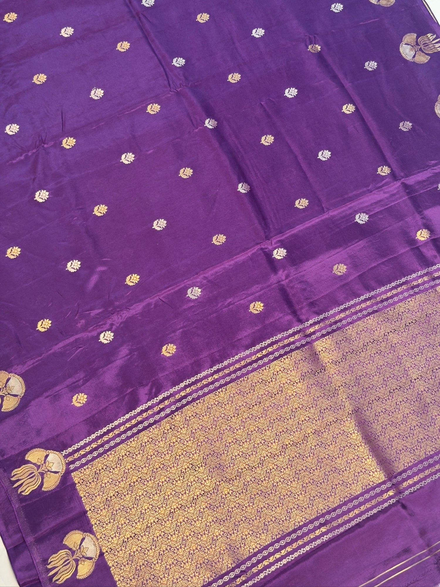 UTSAV BANARAS 432: Royal Purple Mulberry Silk Saree with Gold Zari Floral Butis &amp; Peacock Motifs