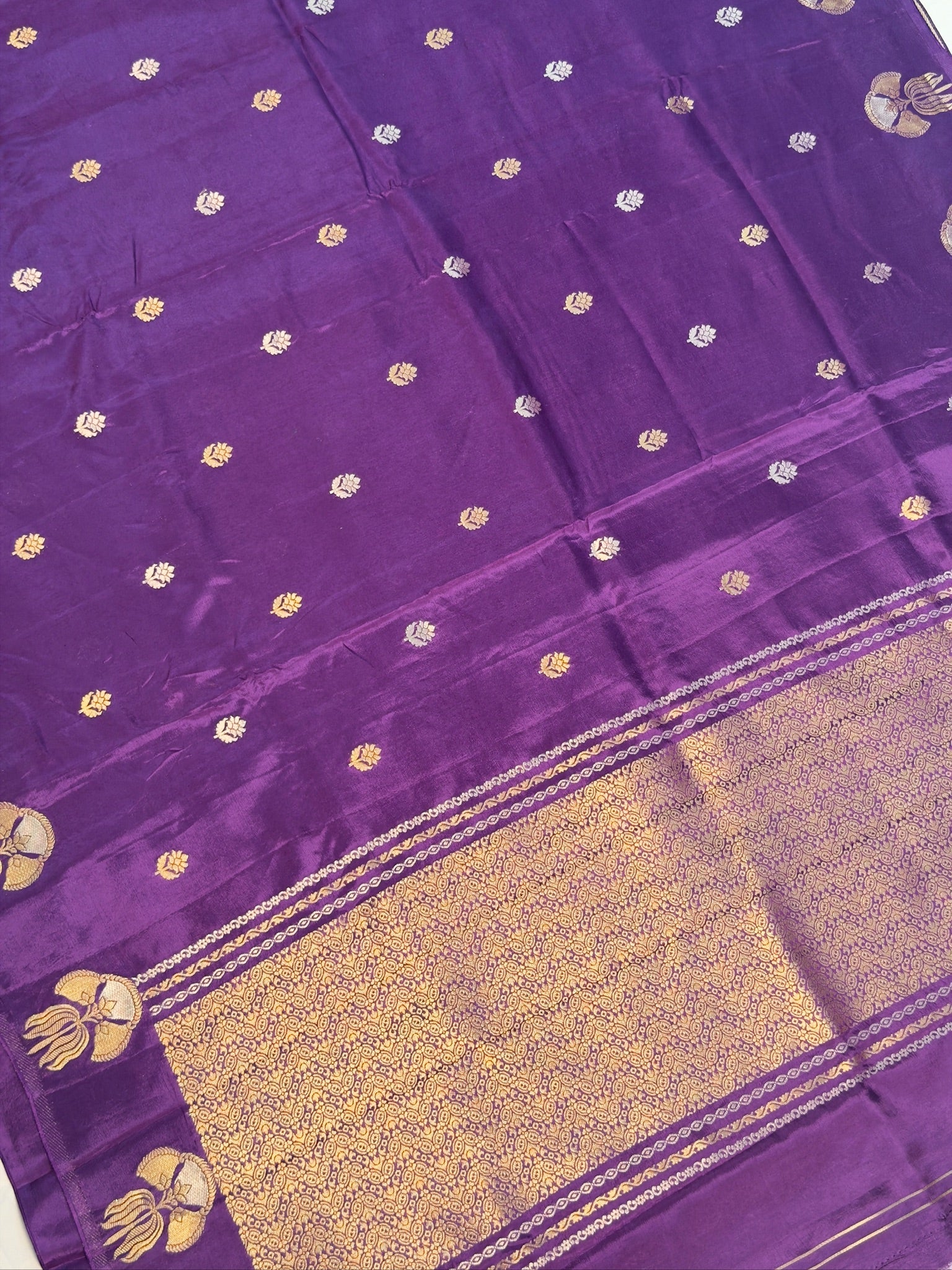 UTSAV BANARAS 432: Royal Purple Mulberry Silk Saree with Gold Zari Floral Butis &amp; Peacock Motifs