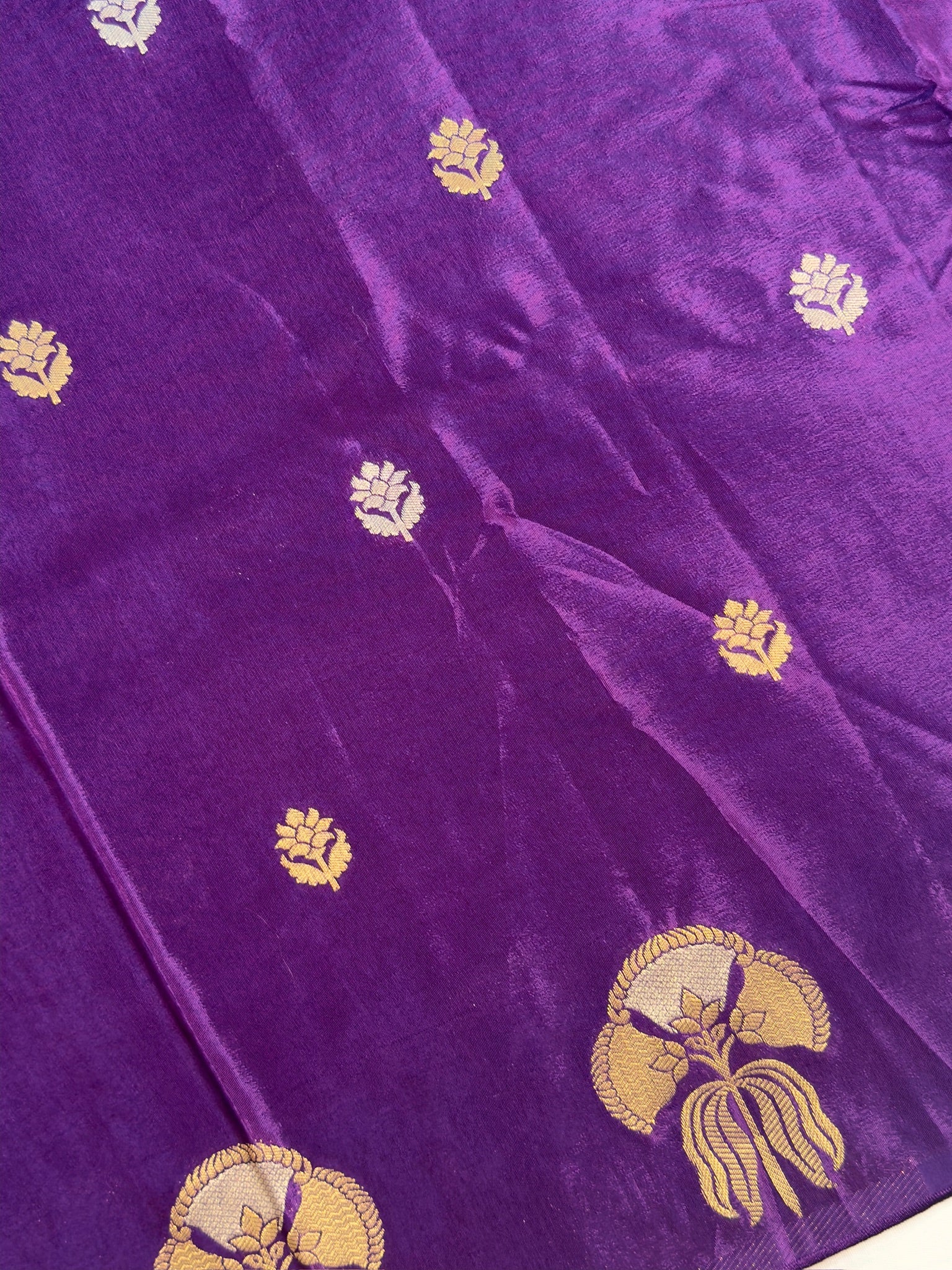 UTSAV BANARAS 432: Royal Purple Mulberry Silk Saree with Gold Zari Floral Butis &amp; Peacock Motifs