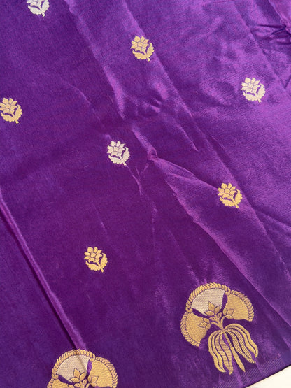 UTSAV BANARAS 432: Royal Purple Mulberry Silk Saree with Gold Zari Floral Butis &amp; Peacock Motifs