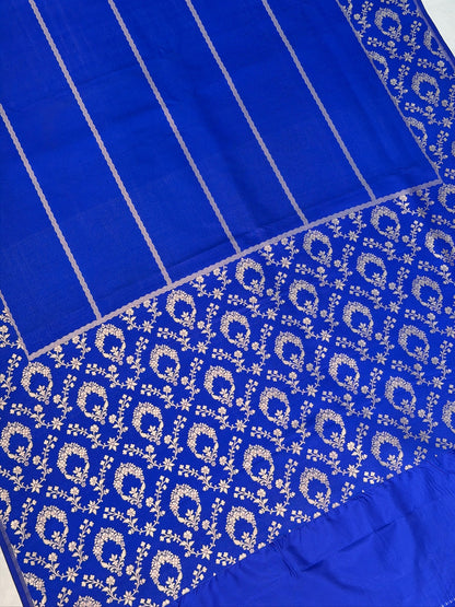 VIRASAT 447: Pure Handloom Tanchoi Silk Saree Royal Blue &amp; Silver Reversible | Silk Mark Certified | Dual Side Elegance