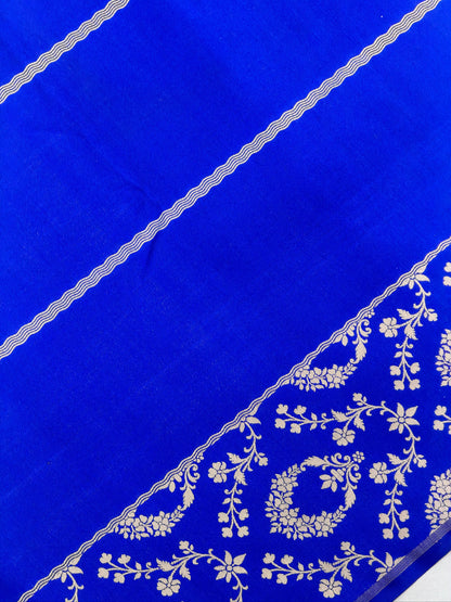 VIRASAT 447: Pure Handloom Tanchoi Silk Saree Royal Blue &amp; Silver Reversible | Silk Mark Certified | Dual Side Elegance