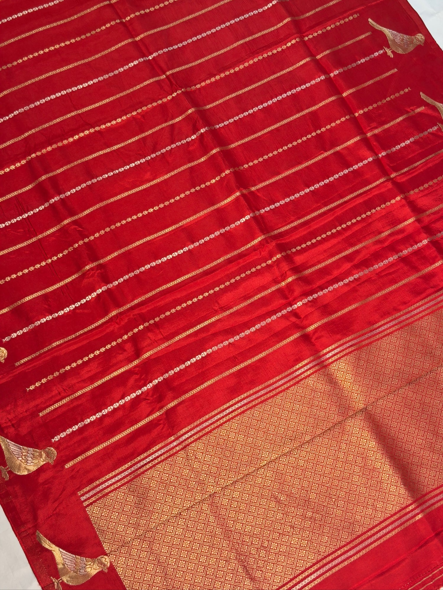 UTSAV BANARAS 430: Crimson Red Mulberry Silk Saree with Gold Zari Bird Motif &amp; Striped Weaving