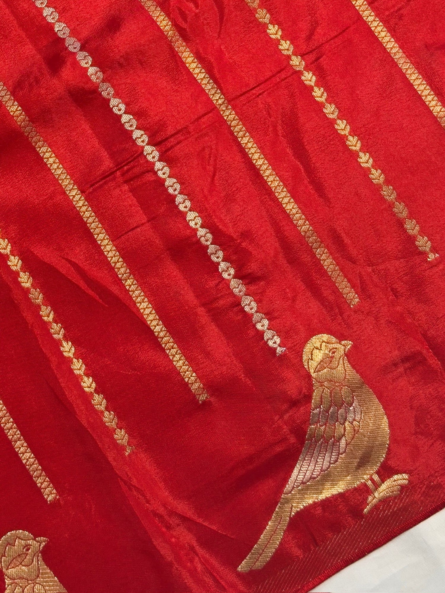 UTSAV BANARAS 430: Crimson Red Mulberry Silk Saree with Gold Zari Bird Motif &amp; Striped Weaving