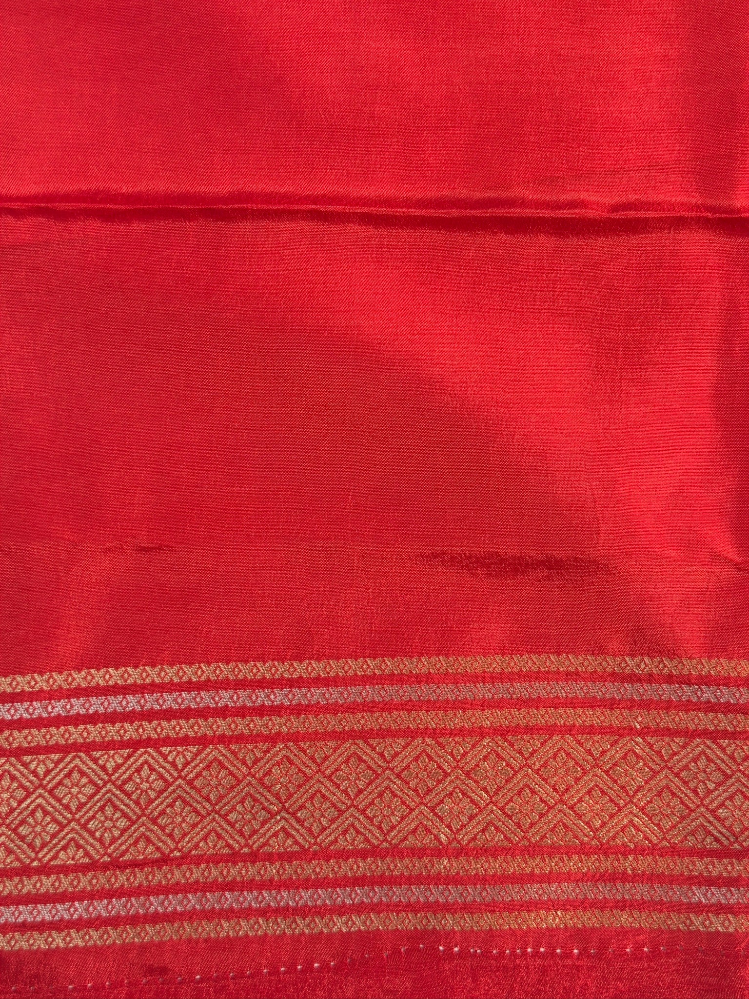 UTSAV BANARAS 430: Crimson Red Mulberry Silk Saree with Gold Zari Bird Motif &amp; Striped Weaving