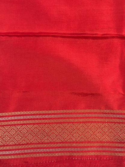 UTSAV BANARAS 430: Crimson Red Mulberry Silk Saree with Gold Zari Bird Motif &amp; Striped Weaving